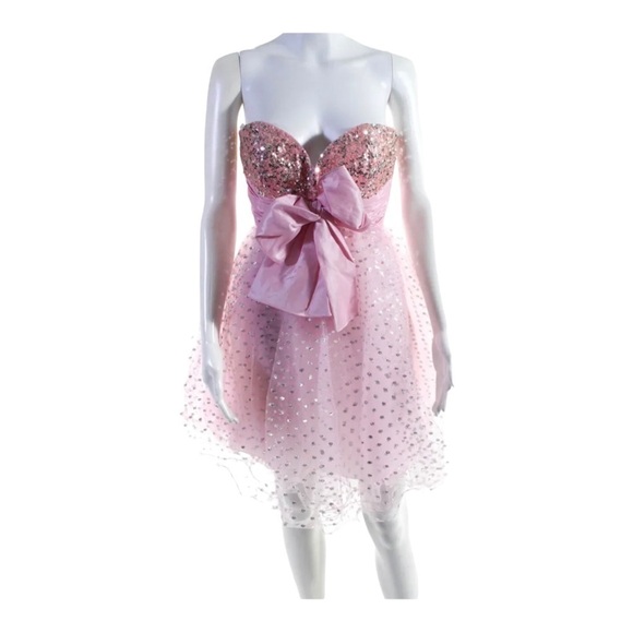 Sherri Hill 1001 Pink Glitter Strapless Bow Tulle Mini Dress NWT Size 10 Prom - Picture 12 of 16